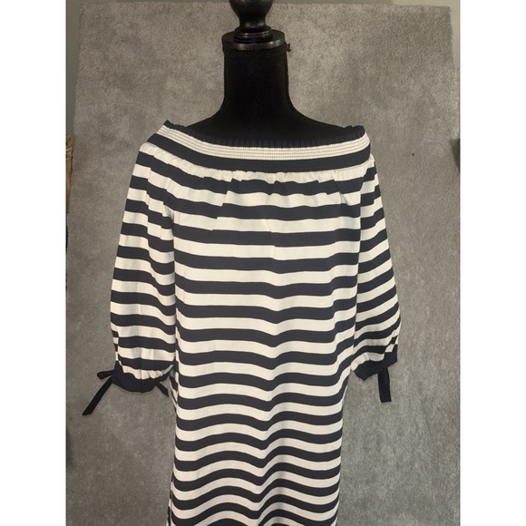 J. Crew Striped Off the Shoulder Shirt Dress Sz M Navy Blue‎ White Smocked - Picture 1 of 11